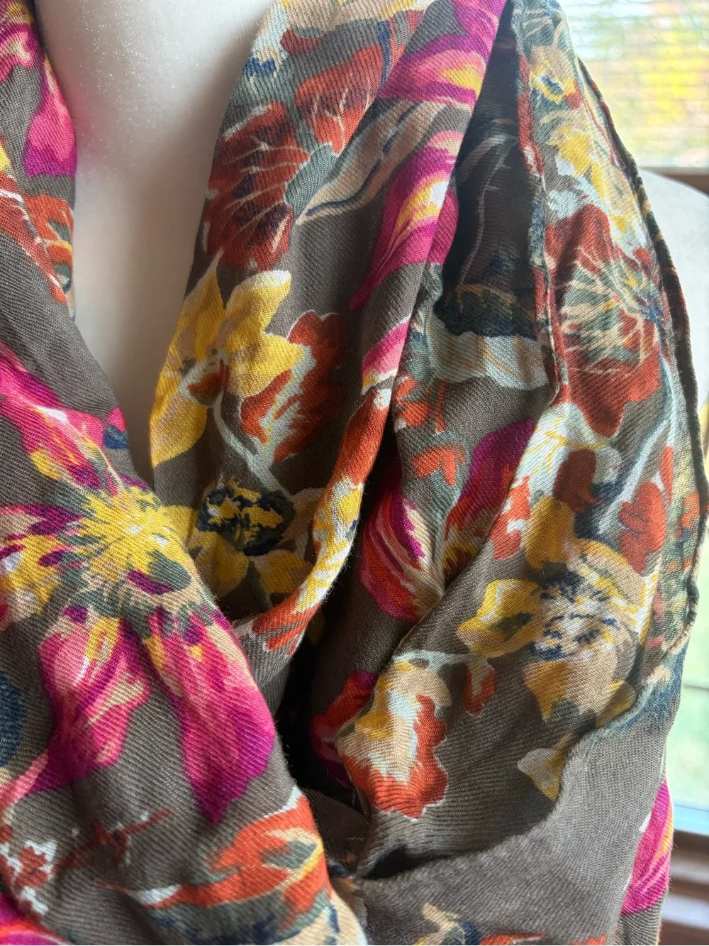 Talbots Floral Lightweight Women’s Scarf - Army Green with Pink, Yellow & Orange